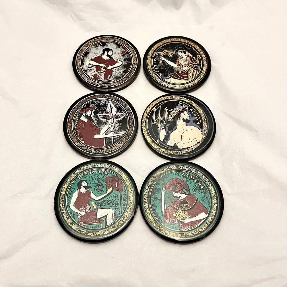 Greek Gods Goddesses Coaster Set in Orginal Case, Mythology, Vintage 1970s? VGUC
